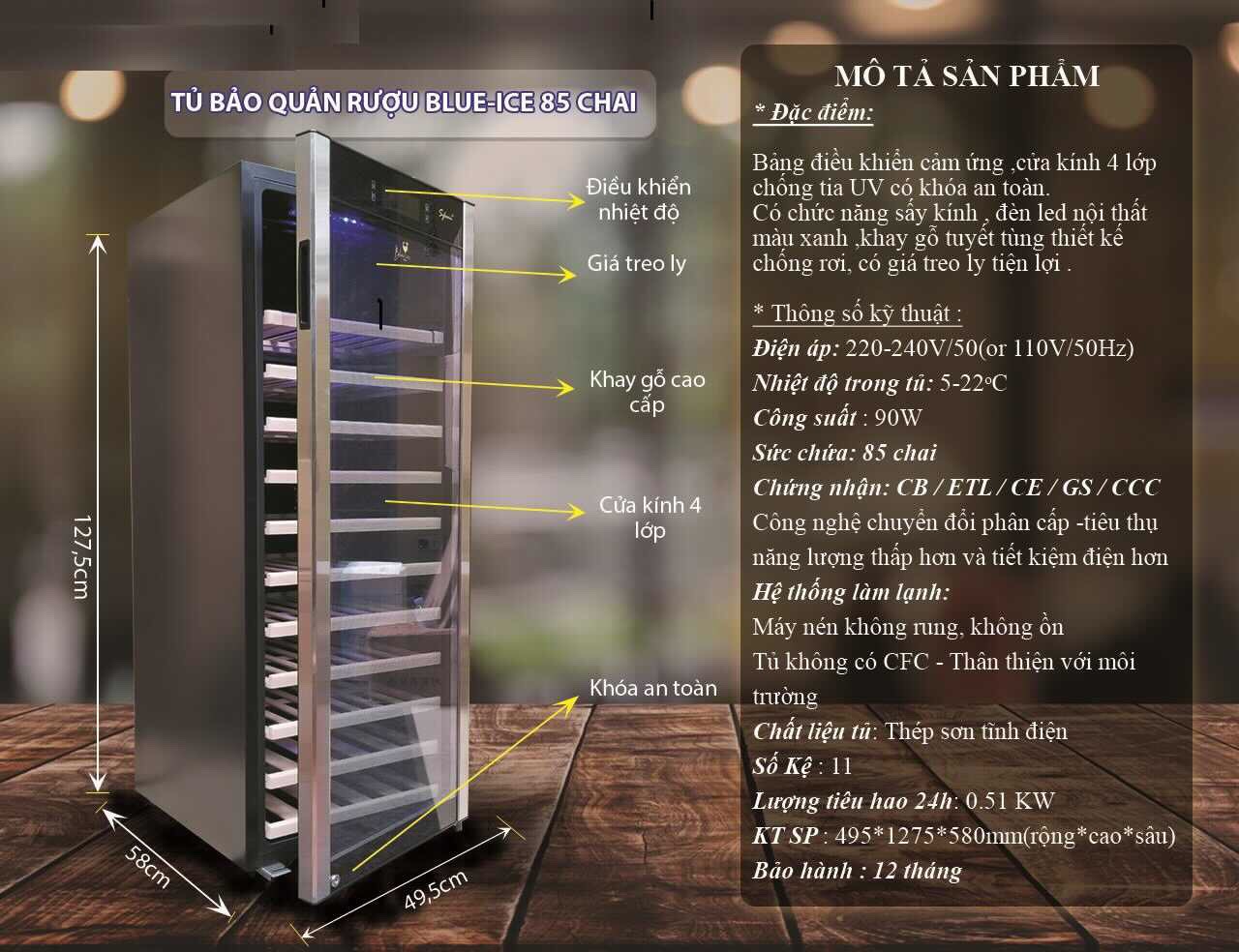 Tủ bảo quản rượu vang Blue Ice 85 chai